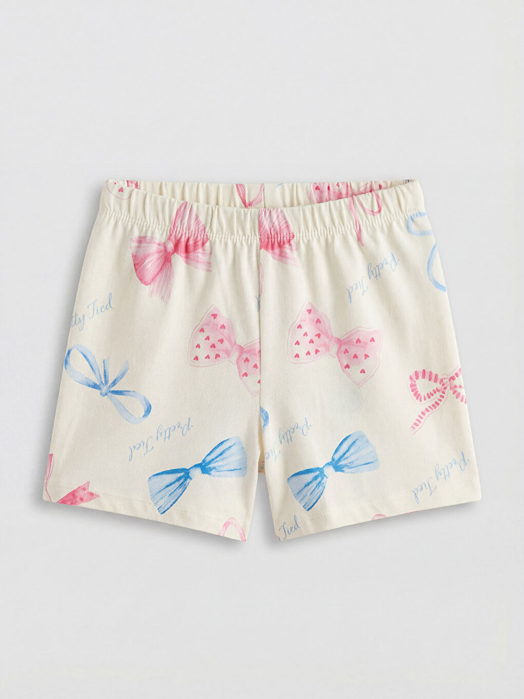 Ekru Bisiklet Yaka Kız Çocuk Baskılı Şortlu Pijama Takımı-3