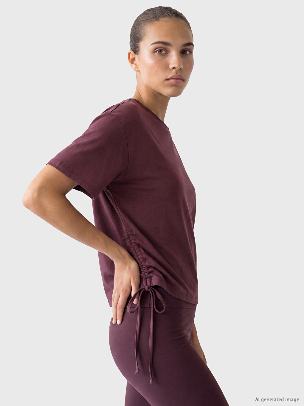Bordo Büzgülü Modal Karışımlı Kadın Spor Tişört