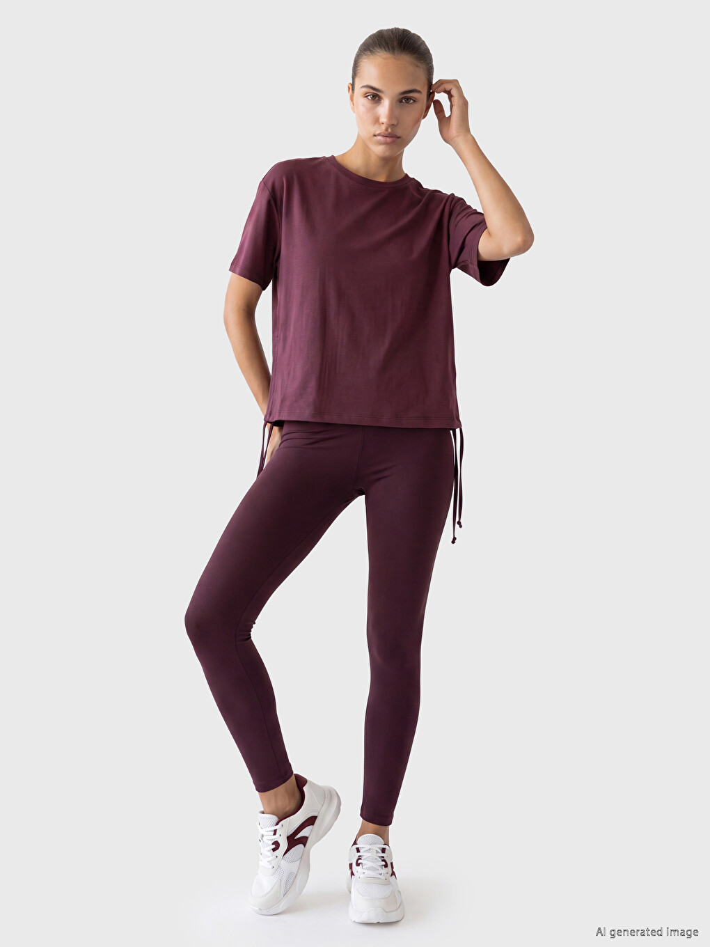 Bordo Büzgülü Modal Karışımlı Kadın Spor Tişört-1