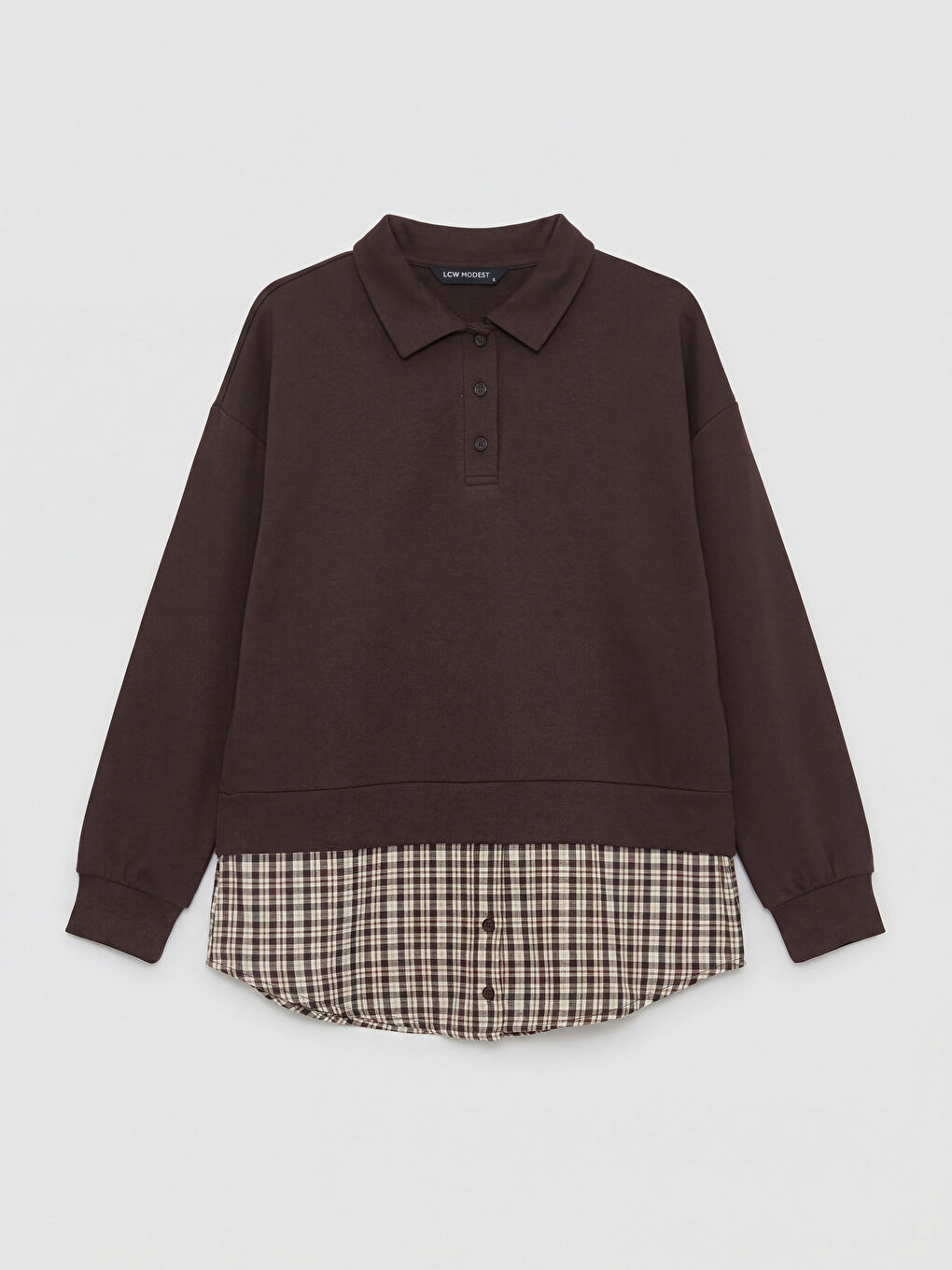 Kahverengi Gömlek Yaka Ekoseli Kadın Sweatshirt Tunik