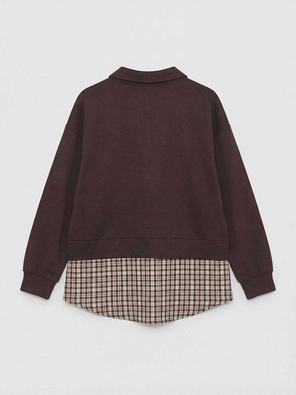 Kahverengi Gömlek Yaka Ekoseli Kadın Sweatshirt Tunik-1