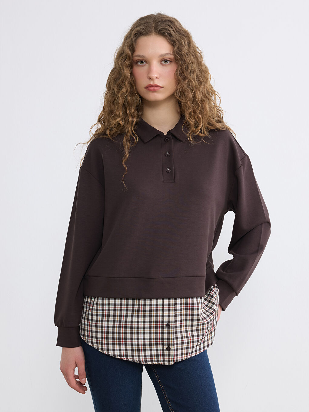 Kahverengi Gömlek Yaka Ekoseli Kadın Sweatshirt Tunik