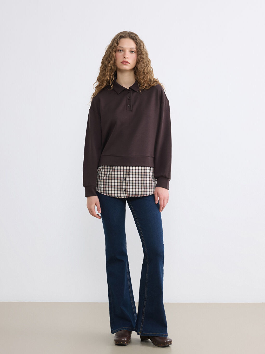 Kahverengi Gömlek Yaka Ekoseli Kadın Sweatshirt Tunik-1