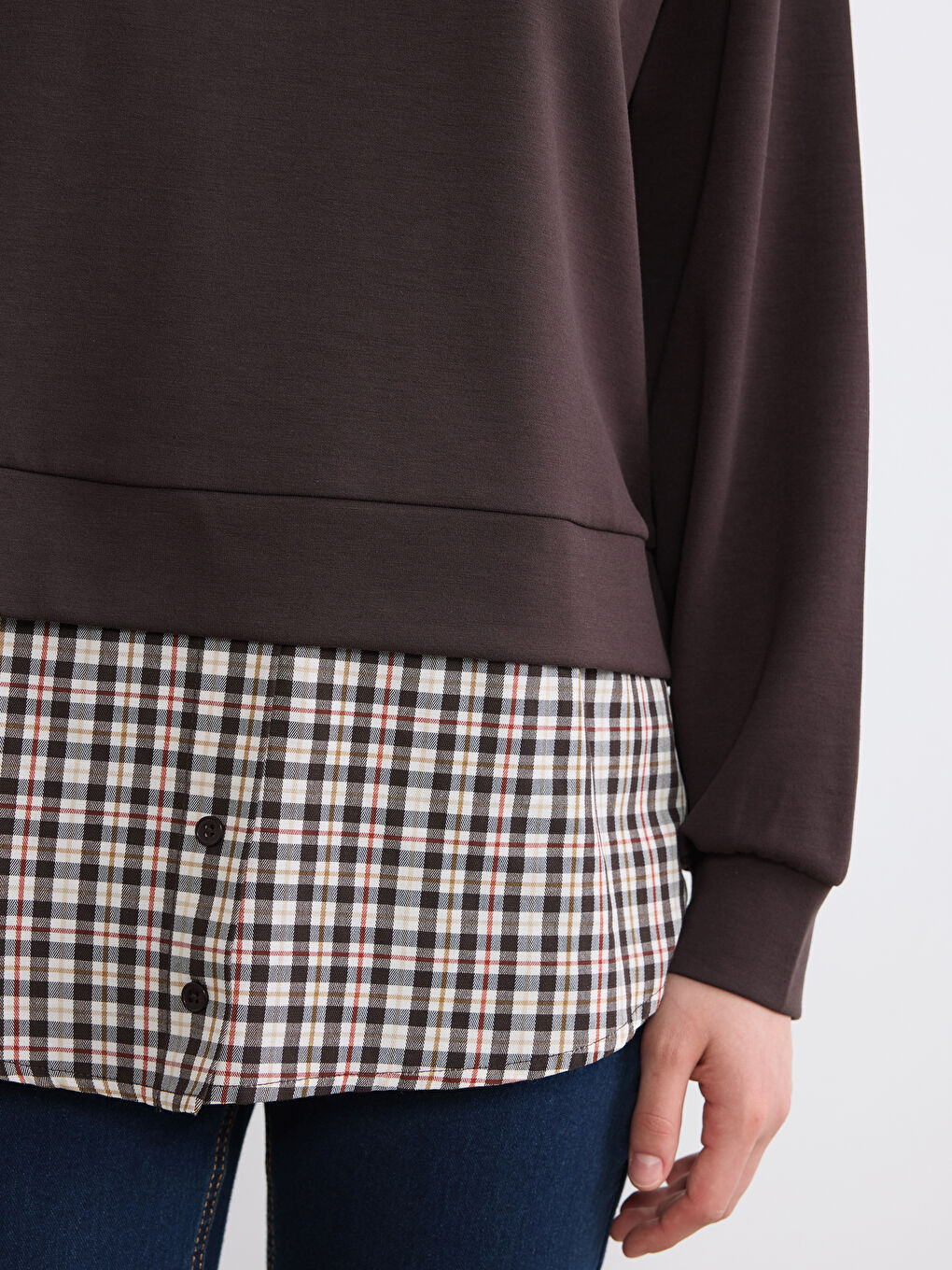 Kahverengi Gömlek Yaka Ekoseli Kadın Sweatshirt Tunik-2