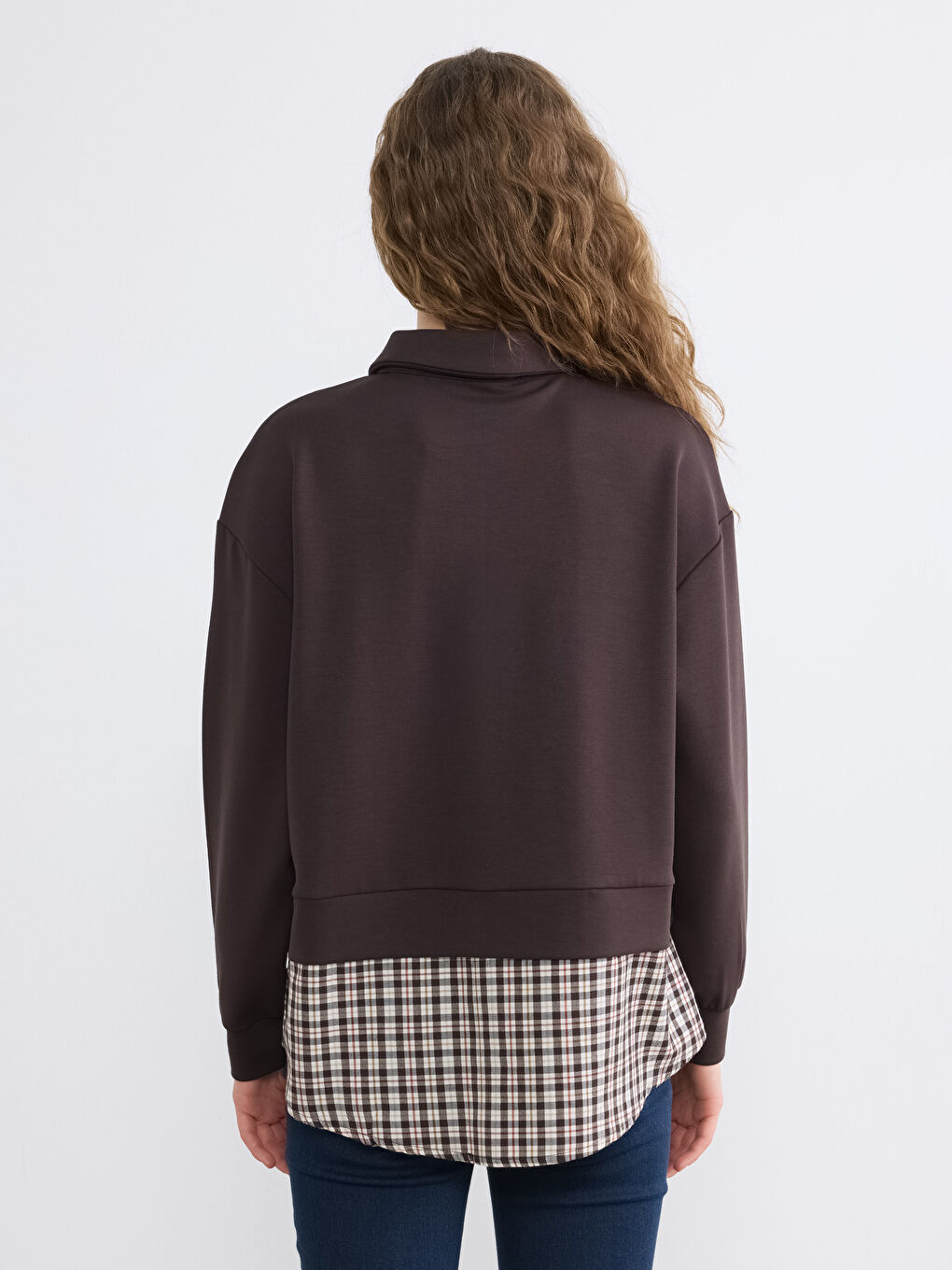 Kahverengi Gömlek Yaka Ekoseli Kadın Sweatshirt Tunik-3