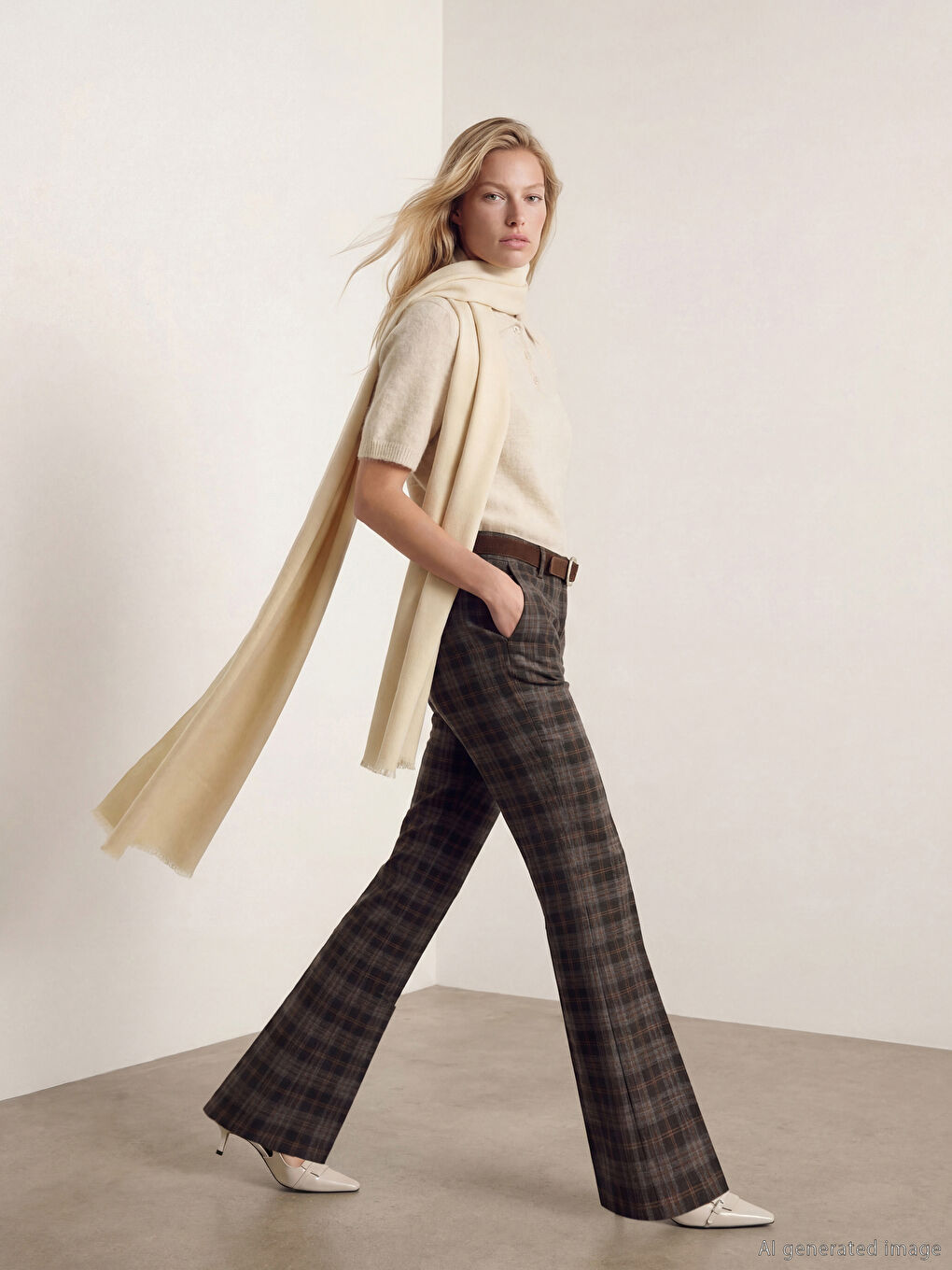 Siyah Beli Kemerli Ekose İspanyol Paça Kadın Pantolon