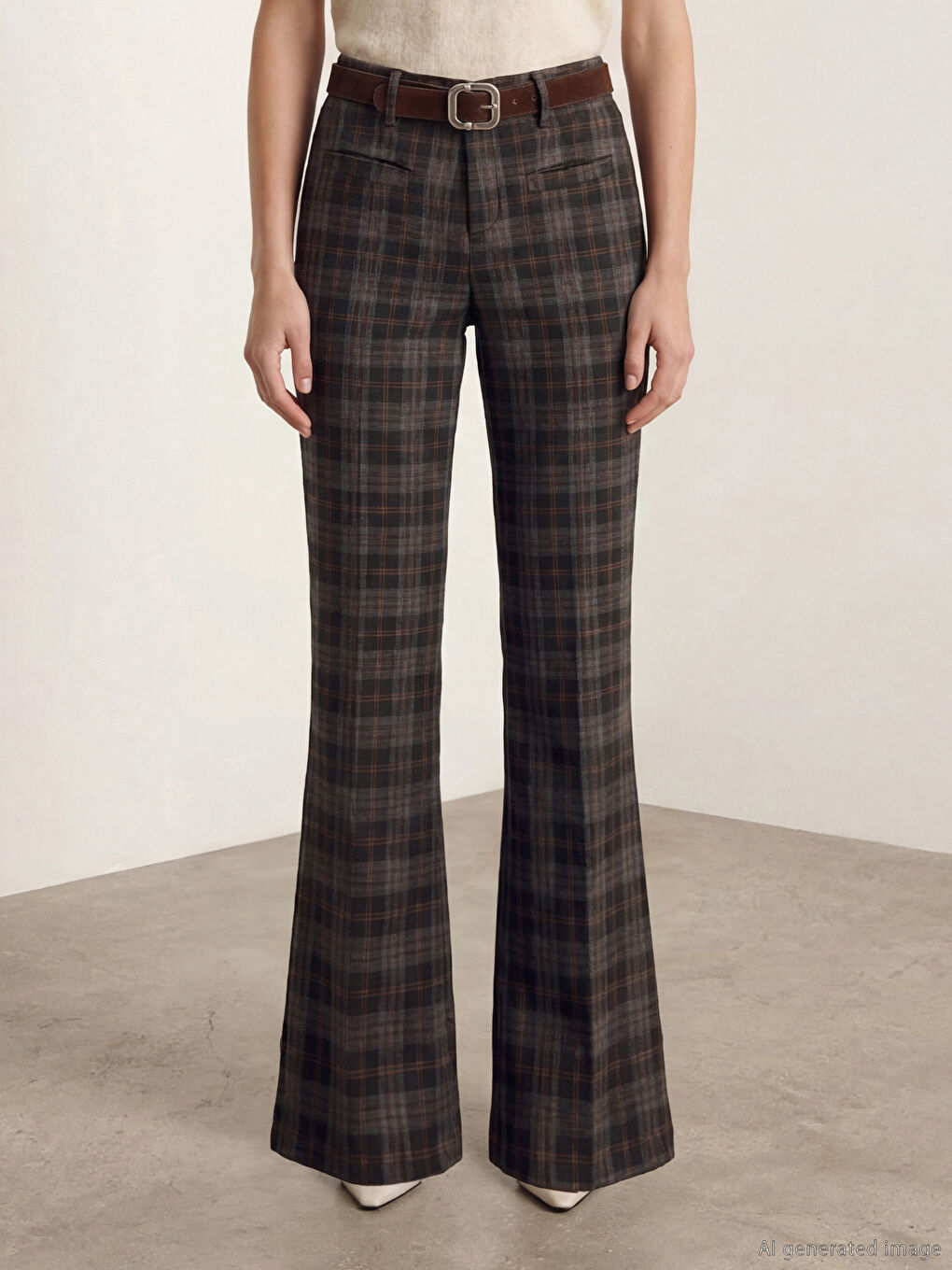 Siyah Beli Kemerli Ekose İspanyol Paça Kadın Pantolon-1