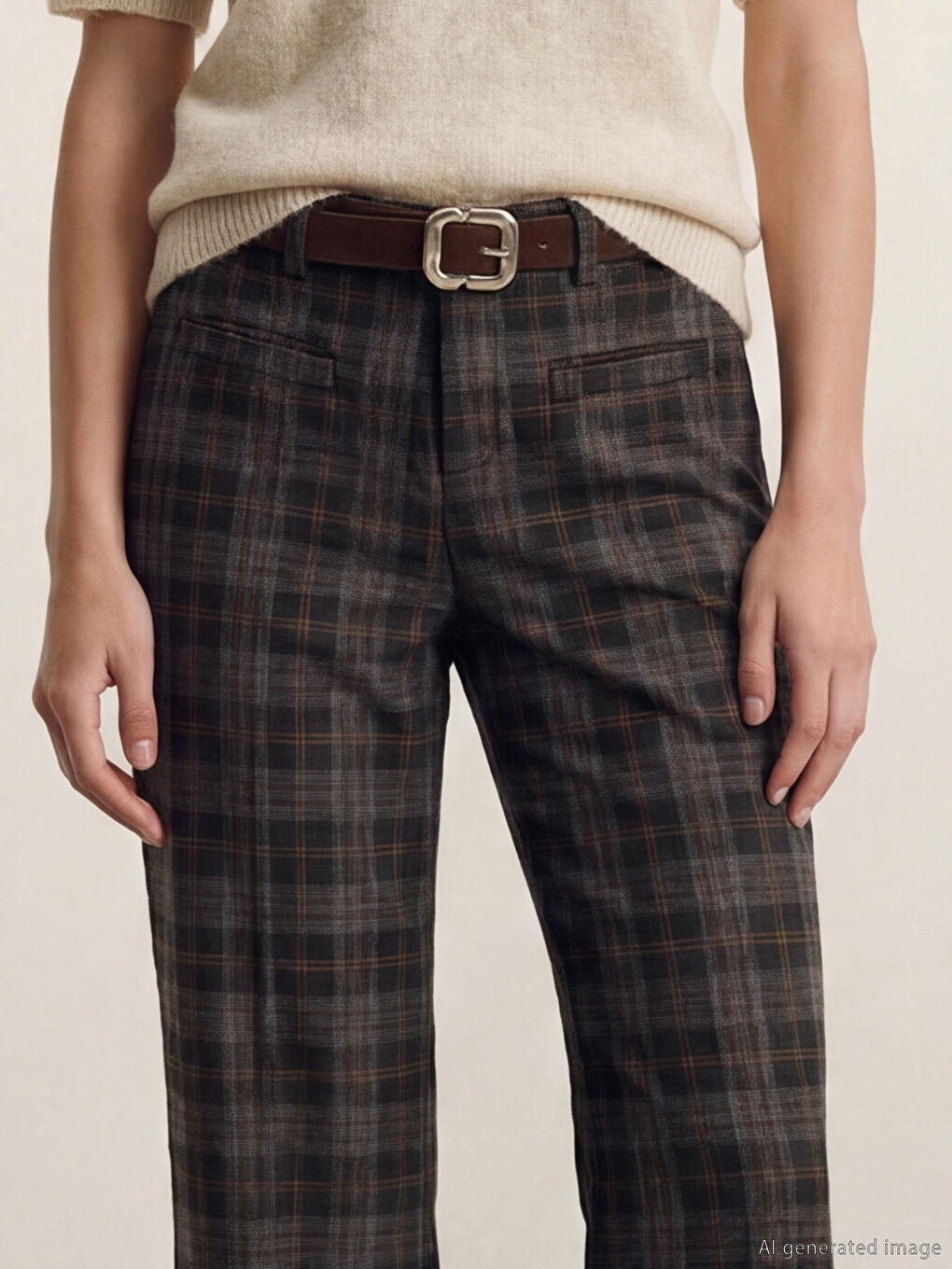 Siyah Beli Kemerli Ekose İspanyol Paça Kadın Pantolon-2