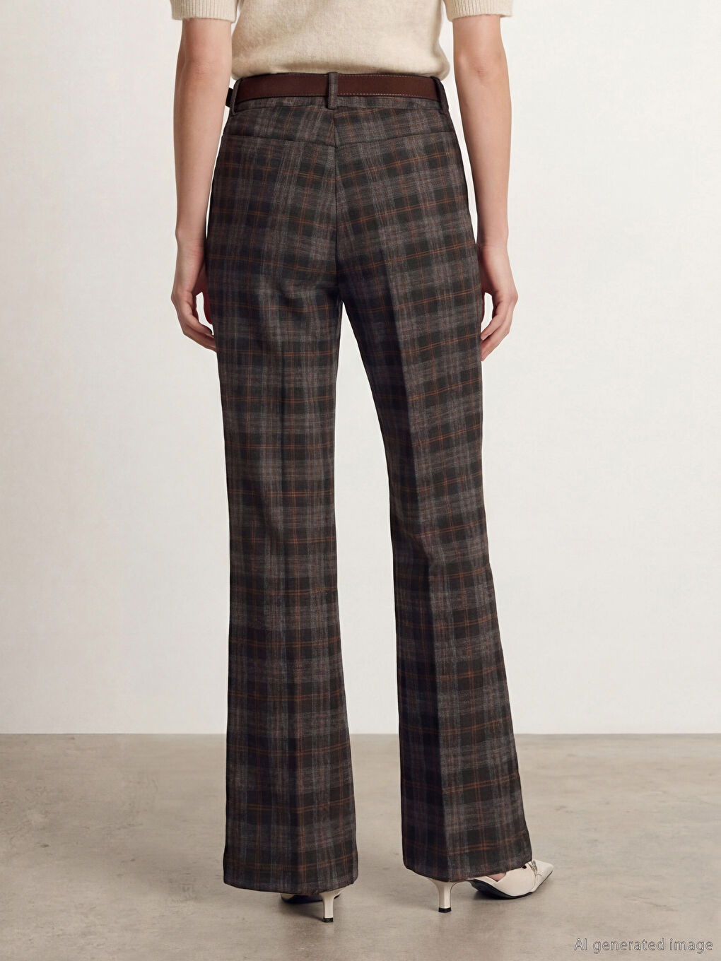 Siyah Beli Kemerli Ekose İspanyol Paça Kadın Pantolon-3