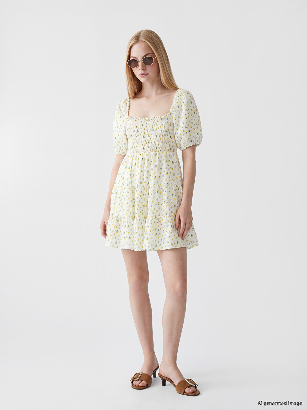 Square Neck Floral Ruched Mini Dress