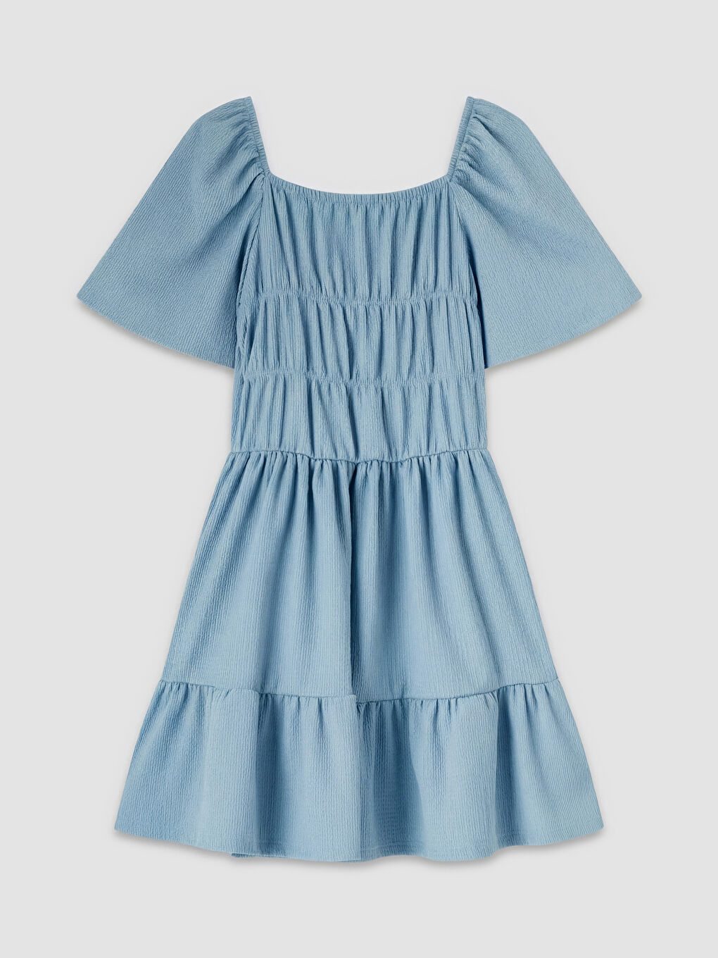 Mavi Büzgü Detaylı Katlı Kız Çocuk Elbise