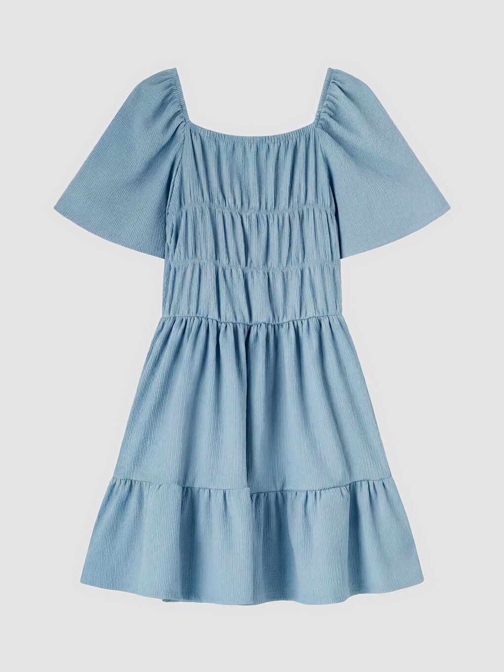 Mavi Büzgü Detaylı Katlı Kız Çocuk Elbise-1