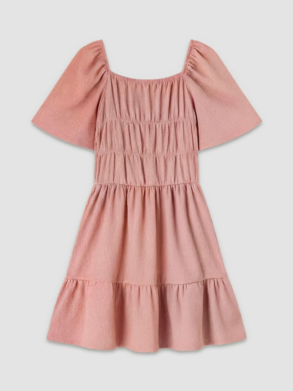 Pembe Büzgü Detaylı Katlı Kız Çocuk Elbise-1