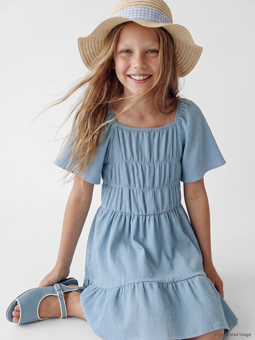 Ruched Detailed Layered Girls' Dress-1