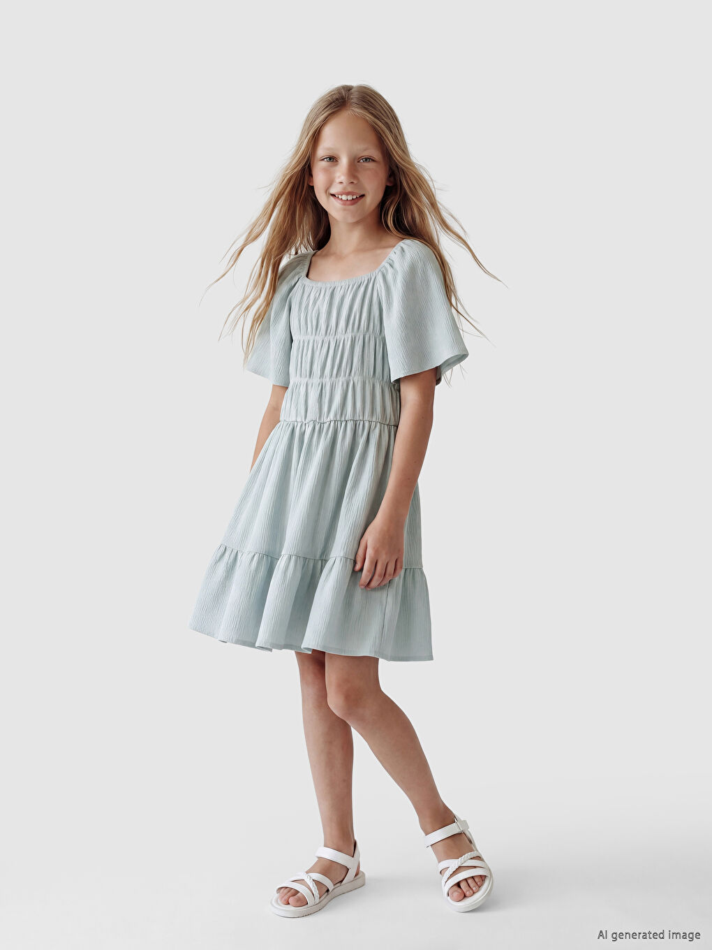 Ruched Detailed Layered Girls' Dress