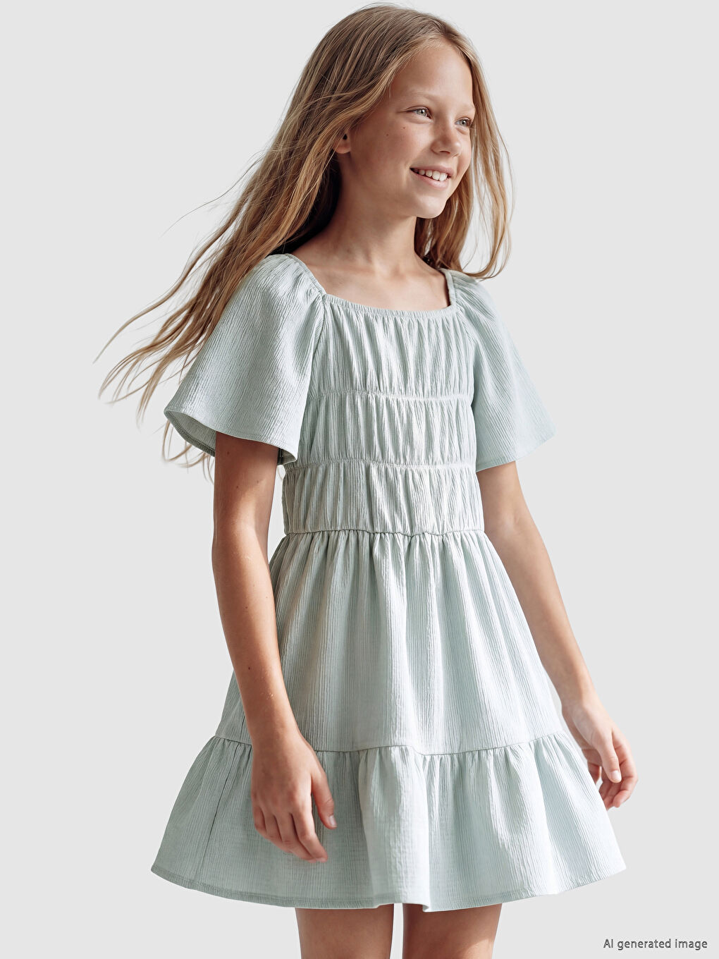 Ruched Detailed Layered Girls' Dress-1