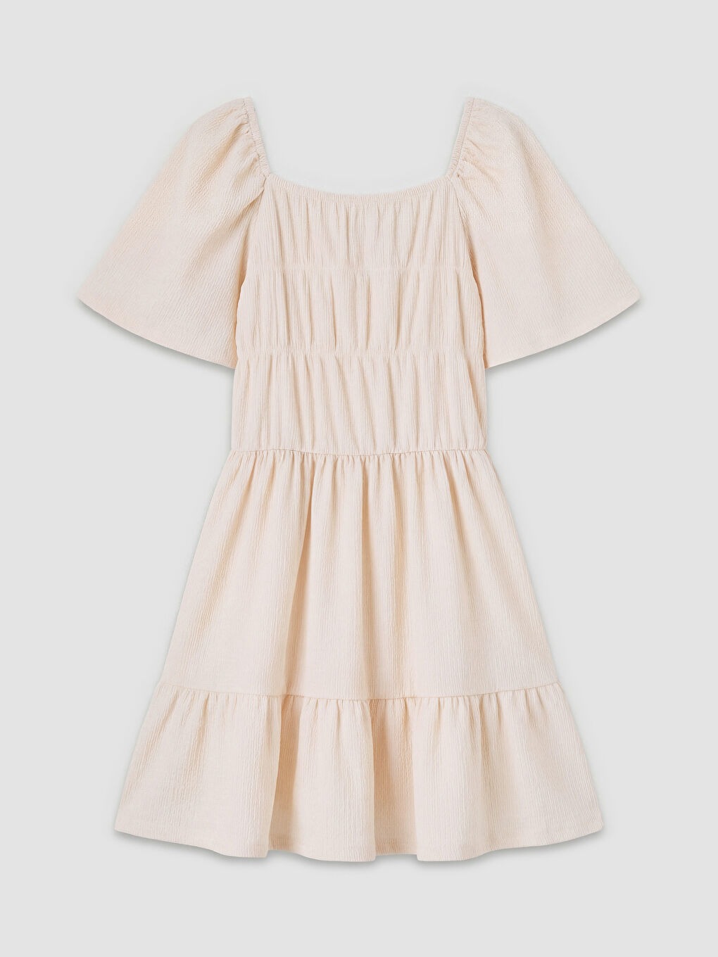 Bej Büzgü Detaylı Katlı Kız Çocuk Elbise
