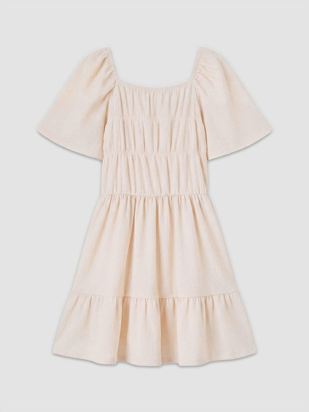 Bej Büzgü Detaylı Katlı Kız Çocuk Elbise-1