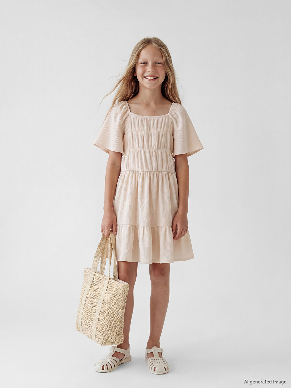 Ruched Detailed Layered Girls' Dress-1