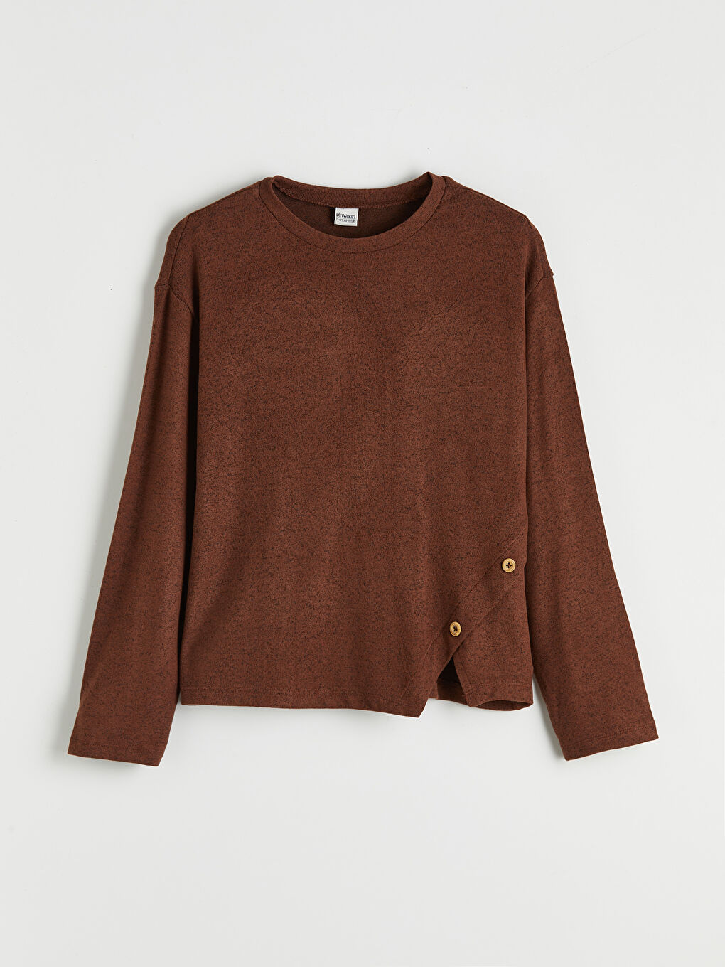 Kahverengi Düğme Detaylı Bisiklet Yaka Kız Çocuk Tişört