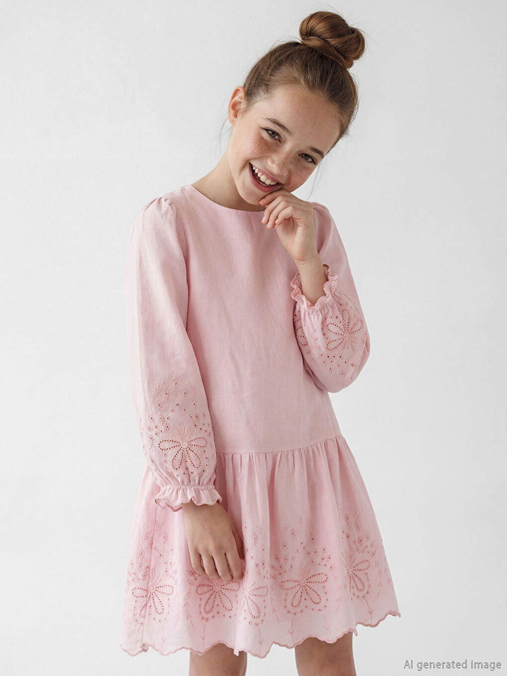 Pembe Bisiklet Yaka Nakışlı Kız Çocuk Elbise-1