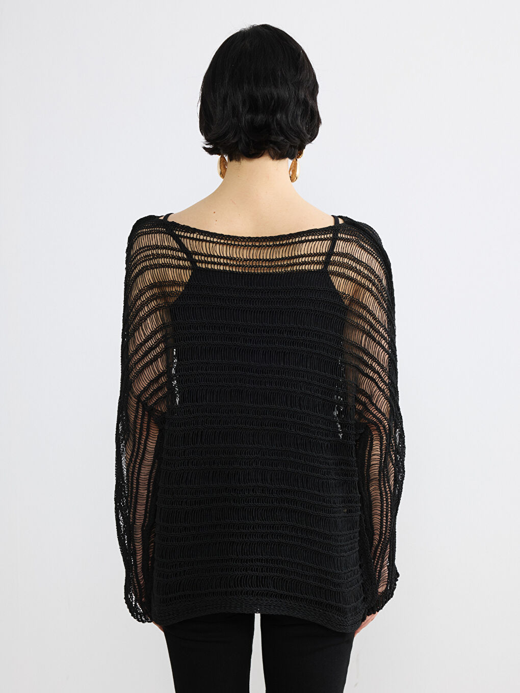 Siyah Kayık Yaka Ajurlu Kadın Triko Kazak-4