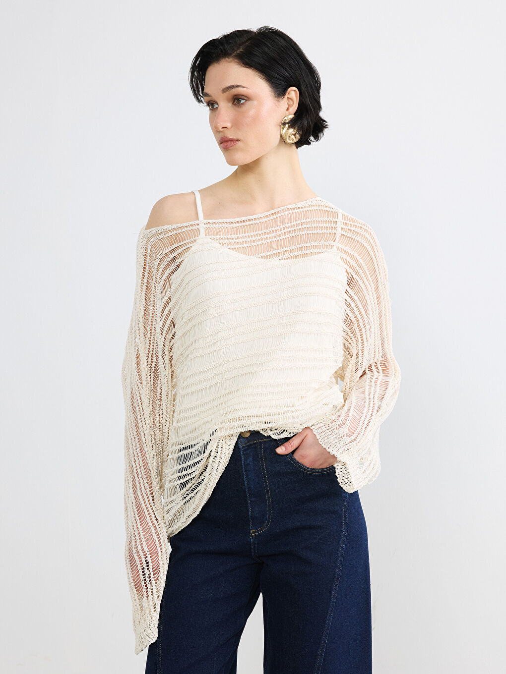 Bej Kayık Yaka Ajurlu Kadın Triko Kazak