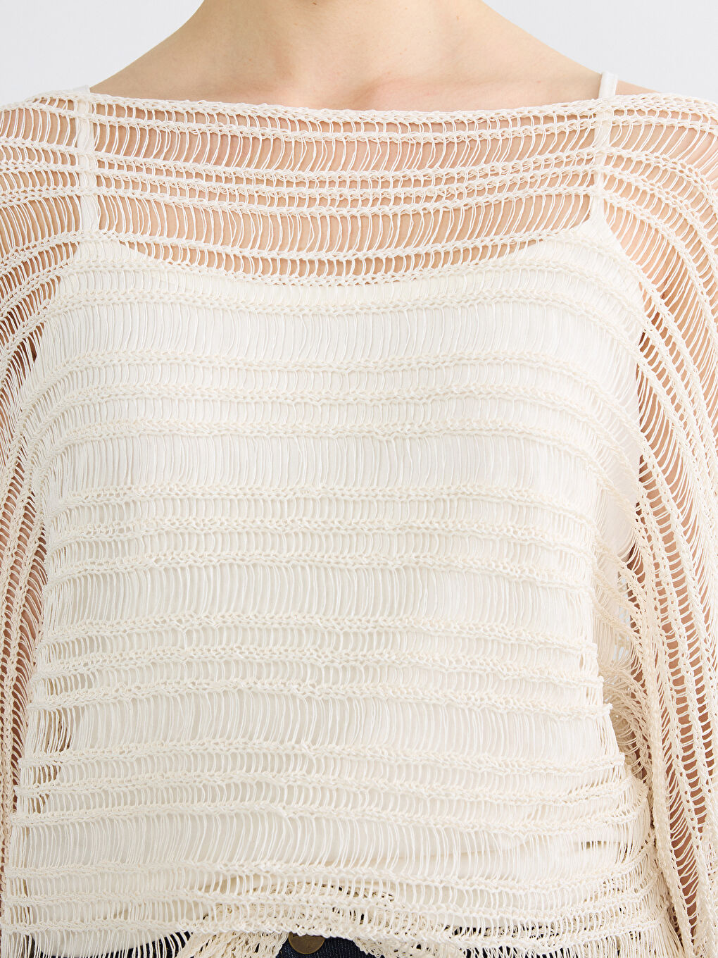 Bej Kayık Yaka Ajurlu Kadın Triko Kazak-3