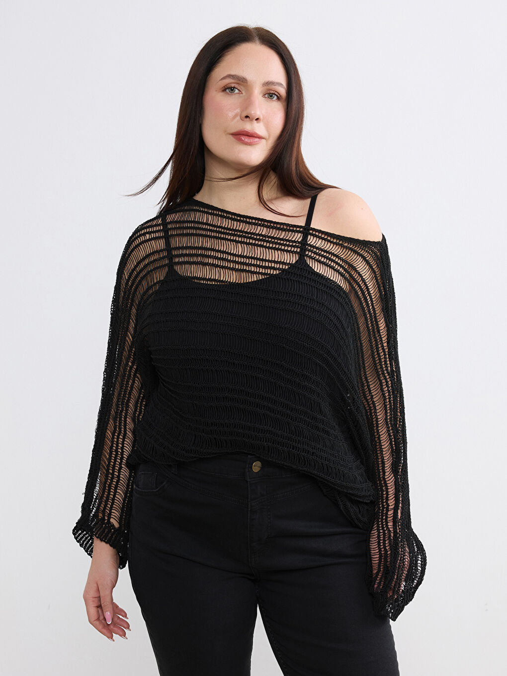 Siyah Kayık Yaka Ajurlu Kadın Triko Kazak-5