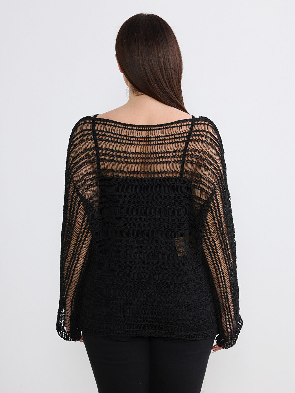 Siyah Kayık Yaka Ajurlu Kadın Triko Kazak-7