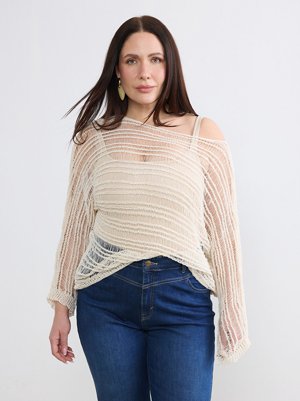 Bej Kayık Yaka Ajurlu Kadın Triko Kazak-5