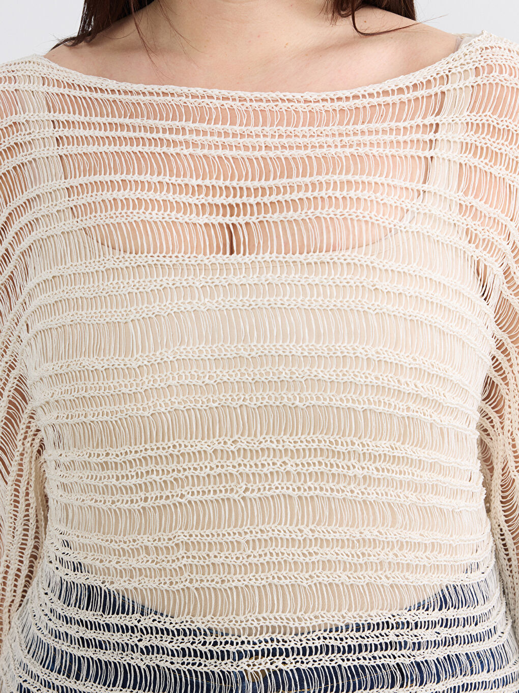 Bej Kayık Yaka Ajurlu Kadın Triko Kazak-6