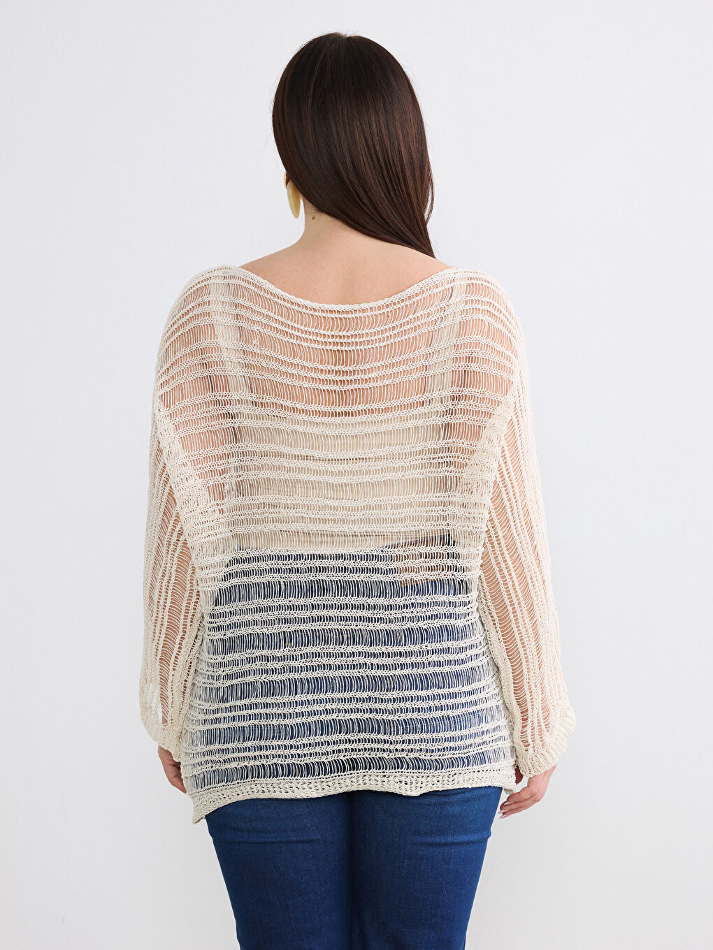 Bej Kayık Yaka Ajurlu Kadın Triko Kazak-7