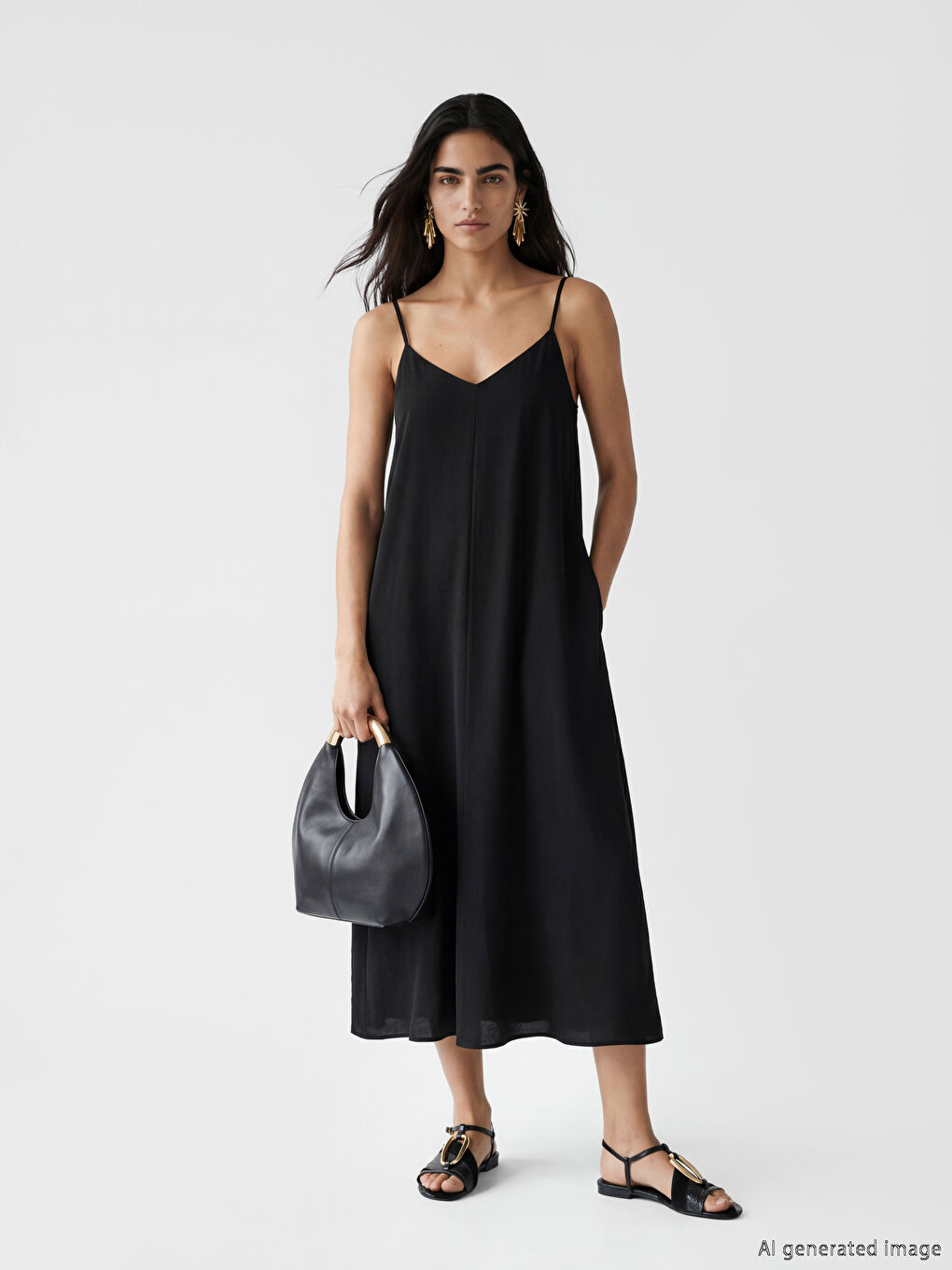 Siyah V Yaka İp Askılı A Kesim Elbise