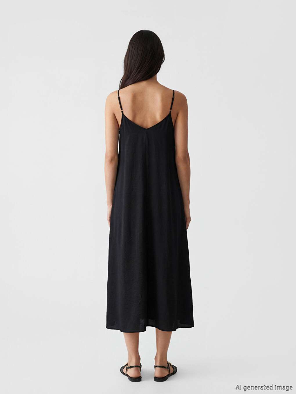 Siyah V Yaka İp Askılı A Kesim Elbise-2