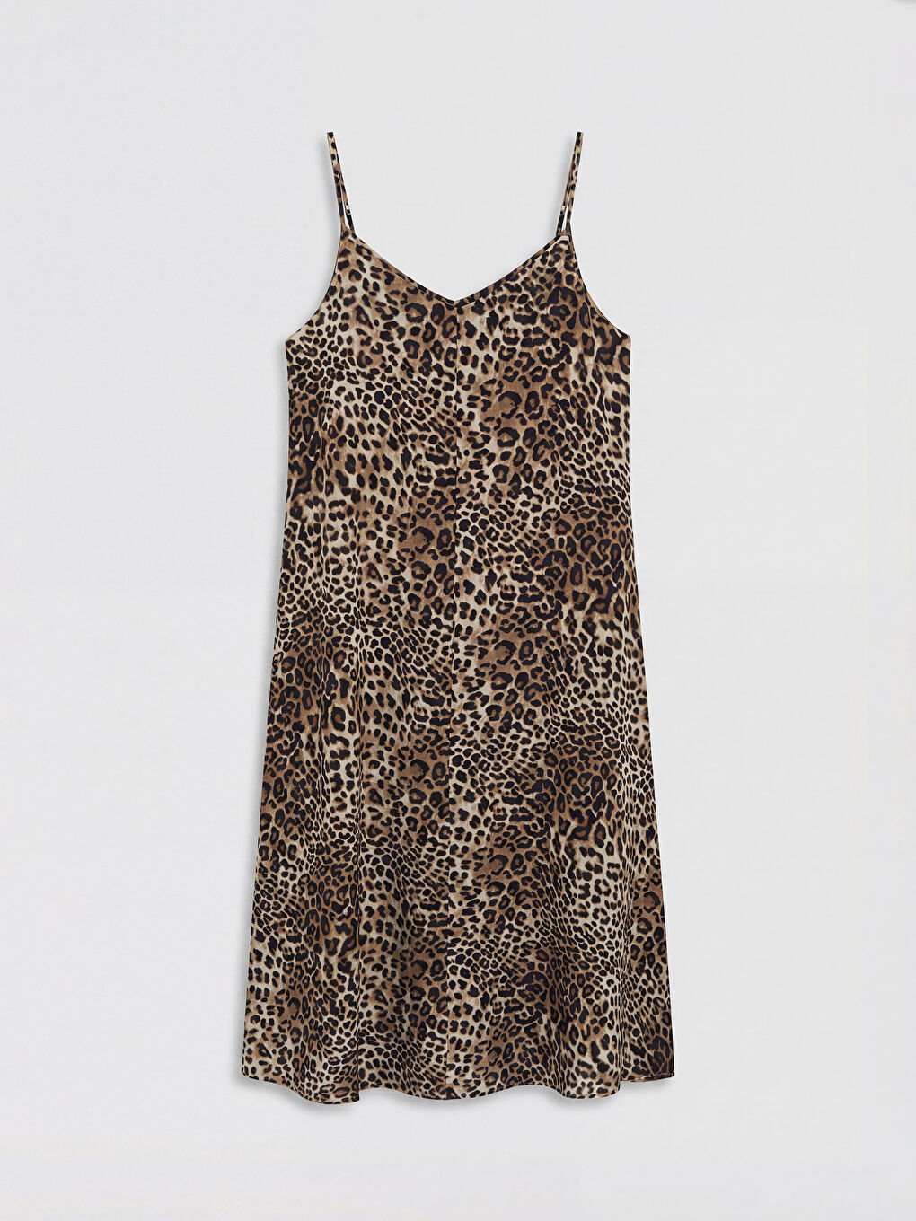 Kahverengi Leopar Desenli İp Askılı  A Kesim Elbise