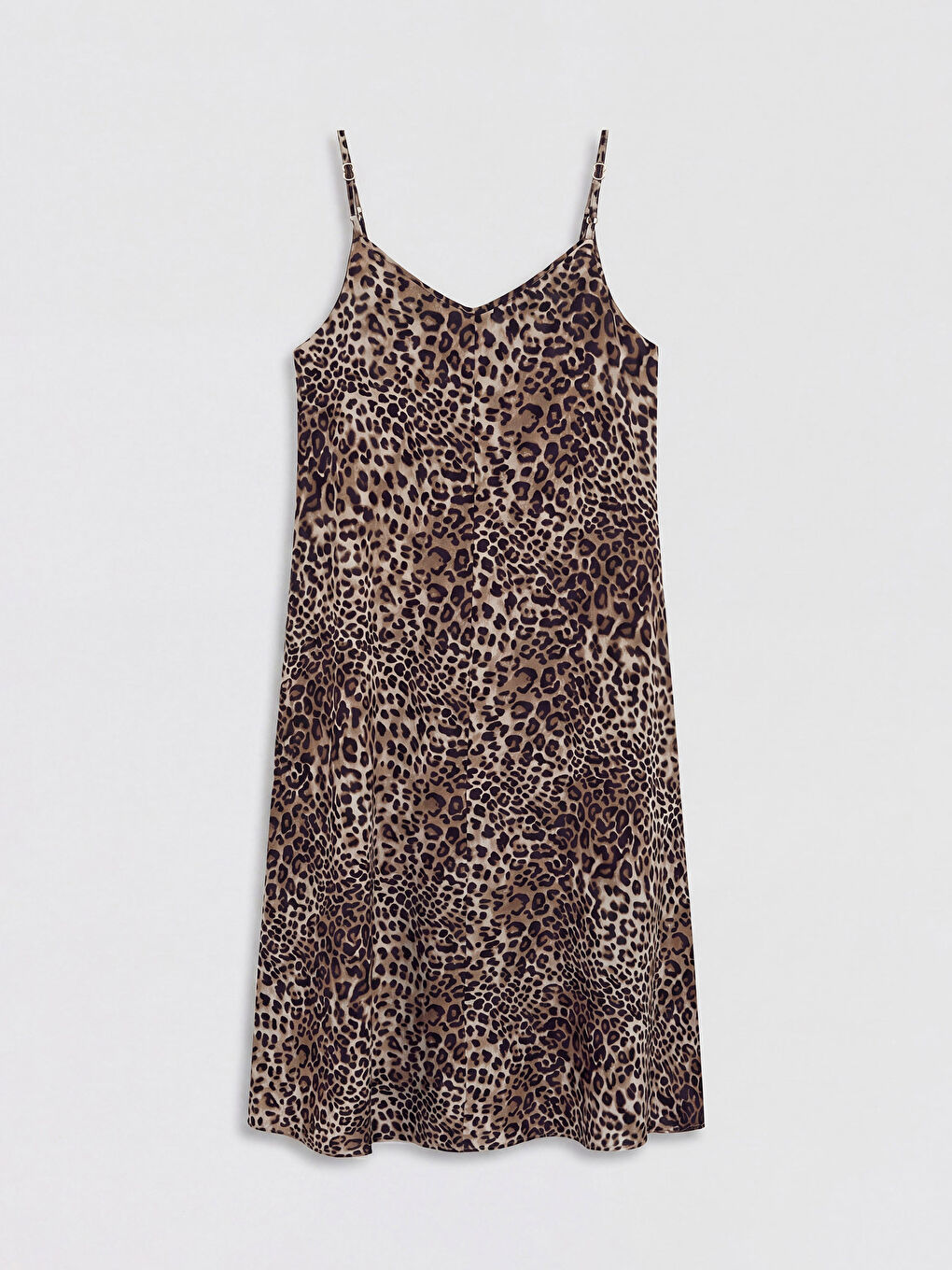 Kahverengi Leopar Desenli İp Askılı  A Kesim Elbise-1