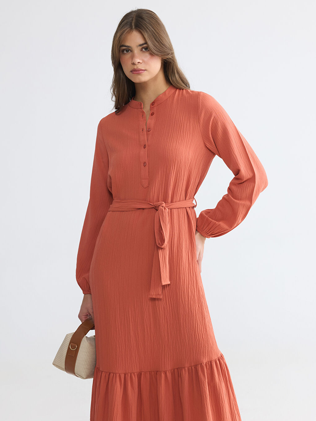 Turuncu Hakim Yaka Dokulu Elbise-1