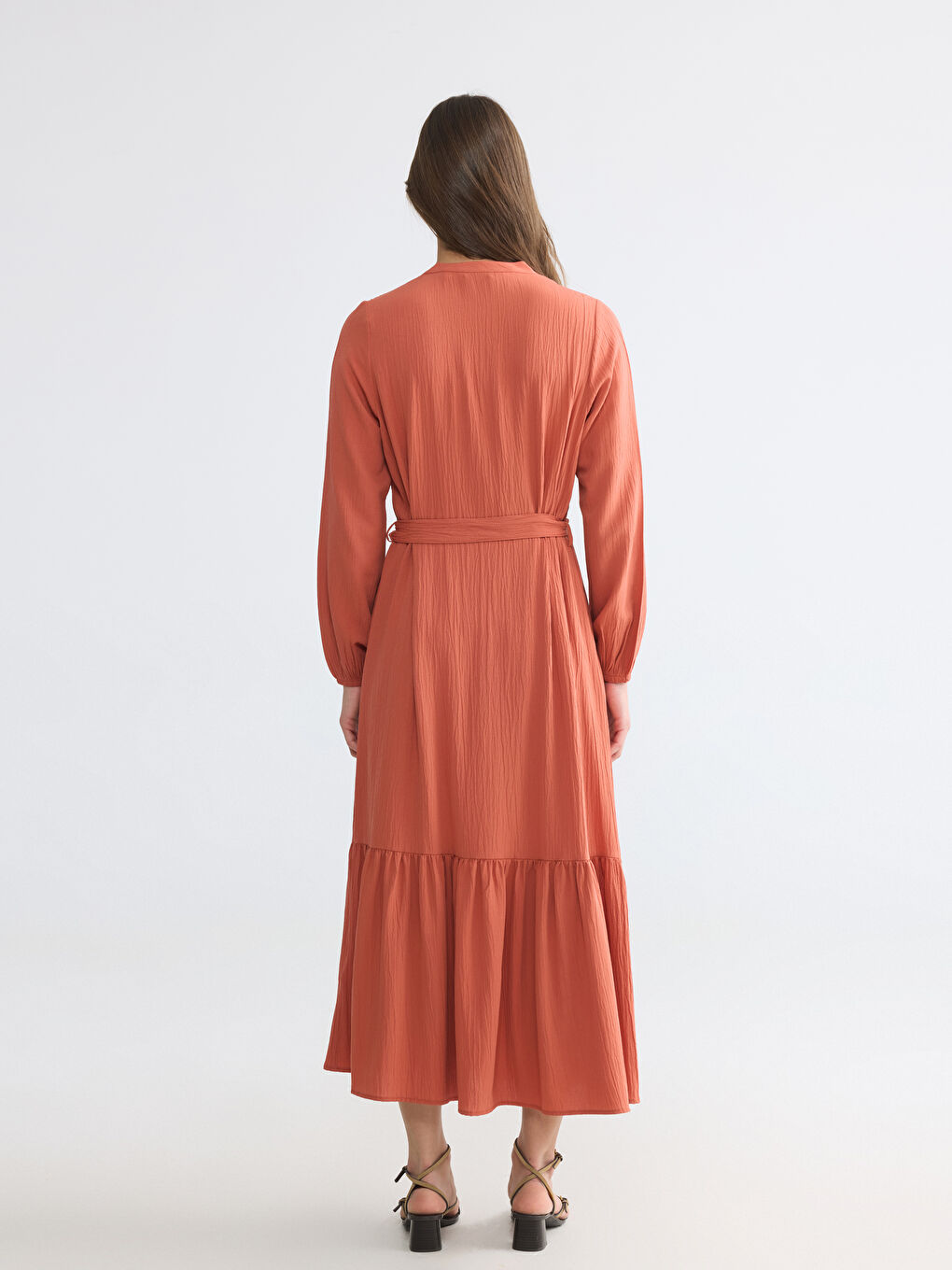 Turuncu Hakim Yaka Dokulu Elbise-3
