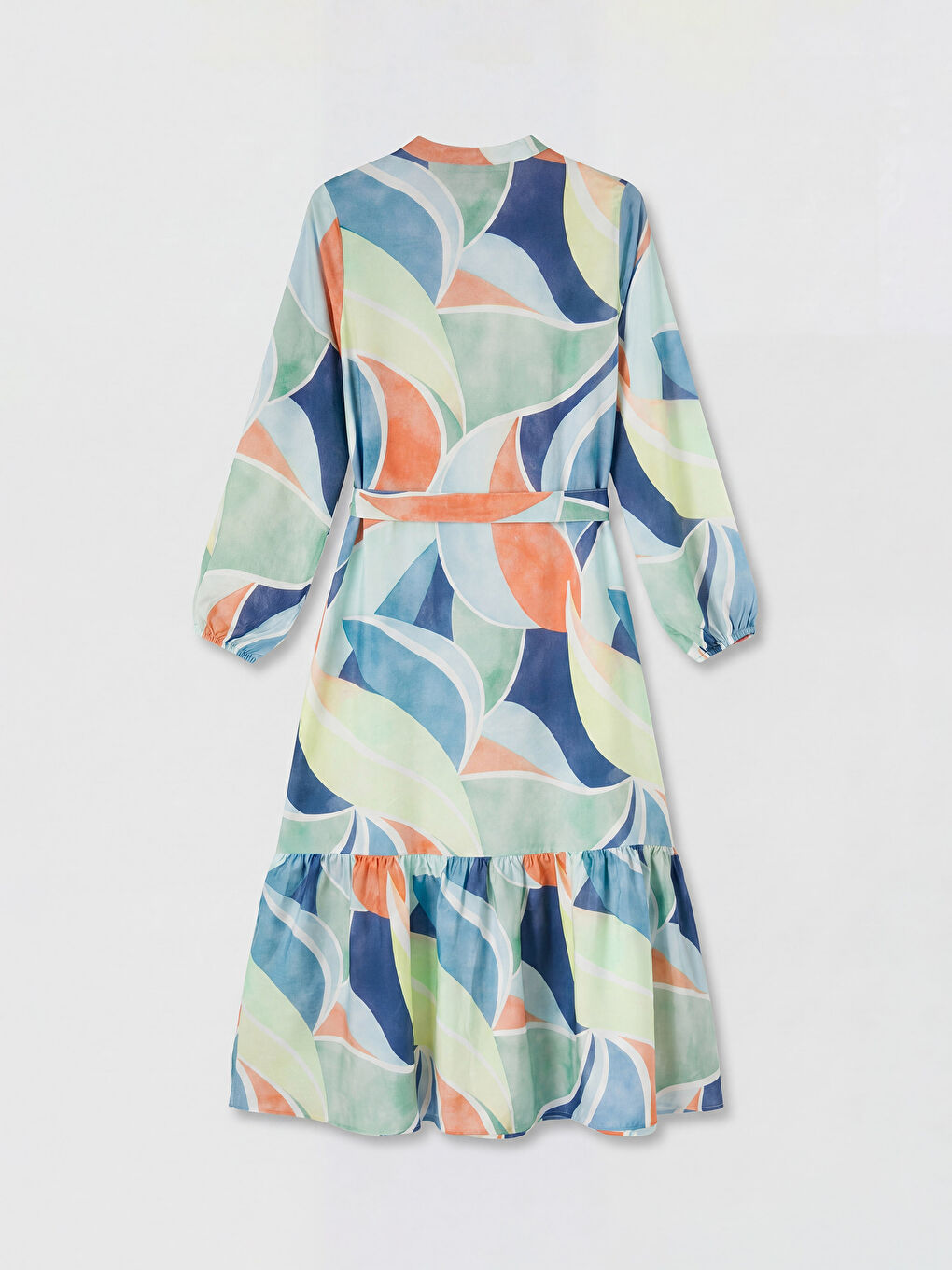 Karışık Hakim Yaka Desenli Kuşaklı Elbise-1