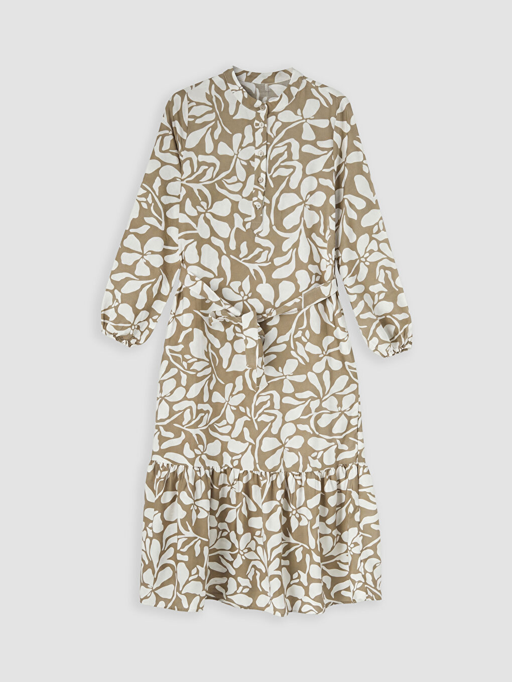 Yeşil Hakim Yaka Desenli Kuşaklı Elbise