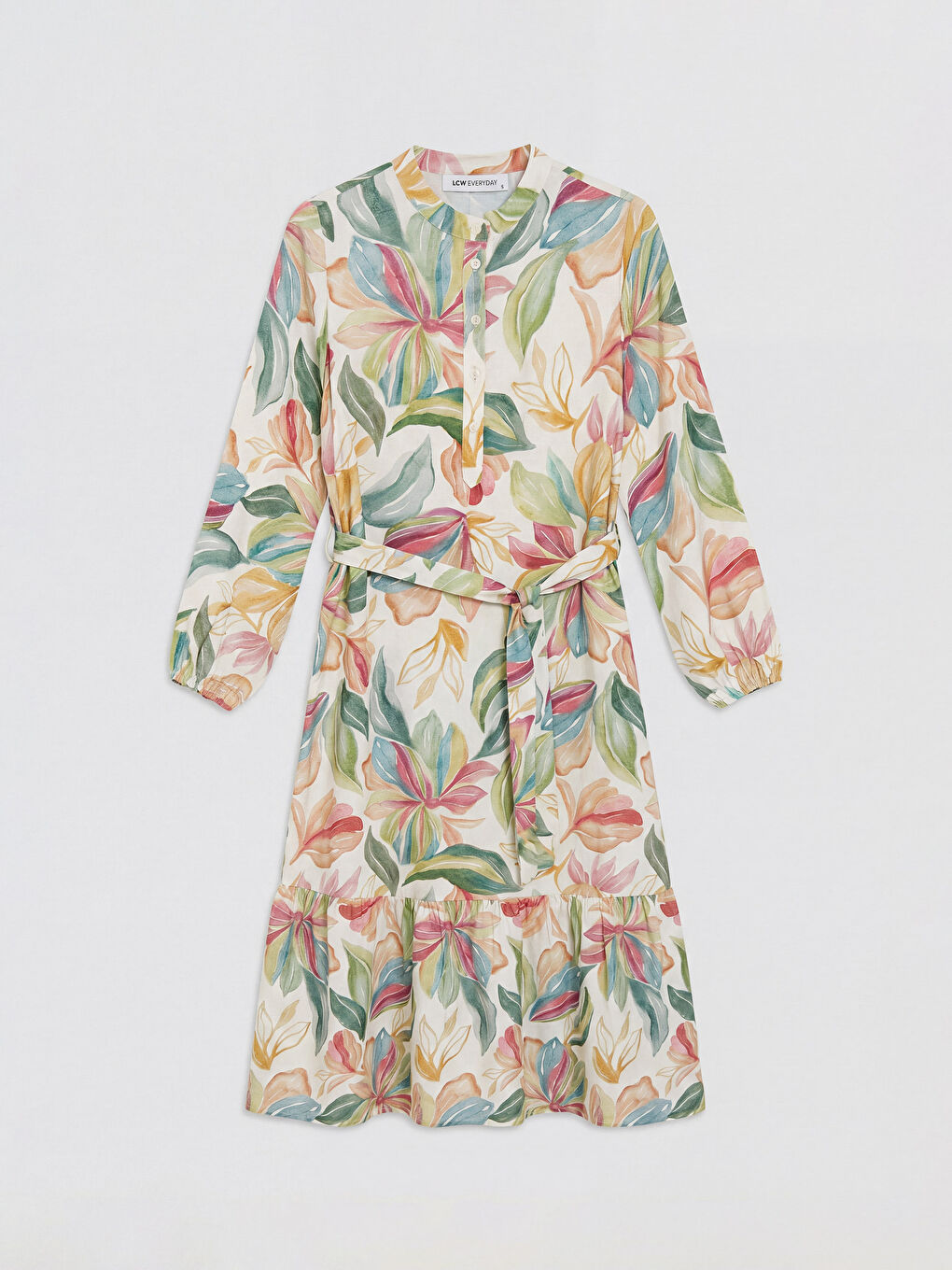 Turuncu Hakim Yaka Çiçekli Kuşaklı Elbise