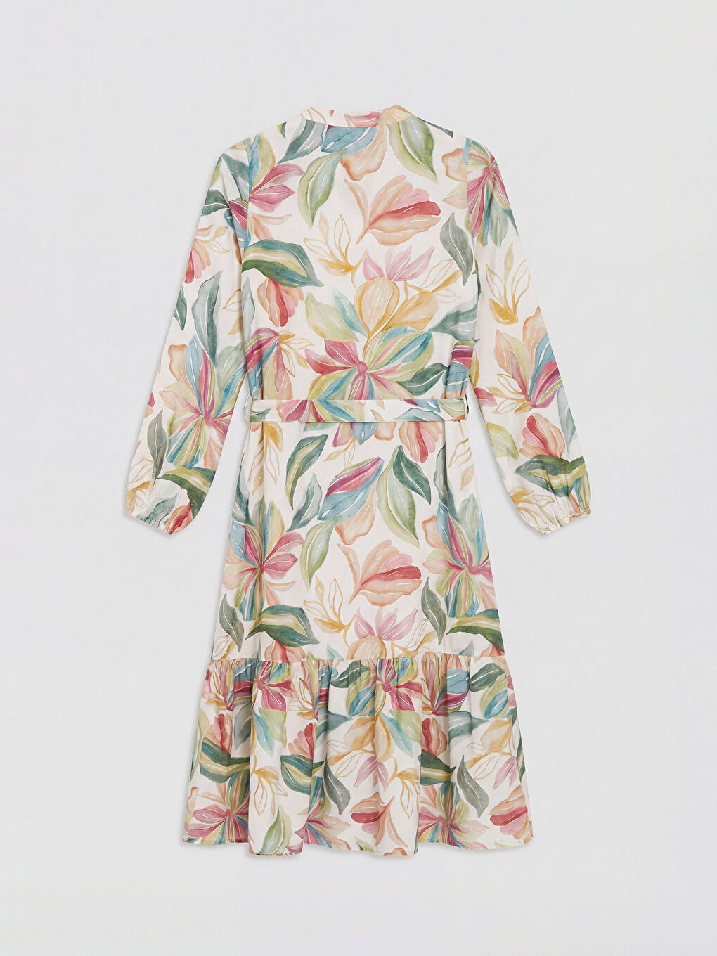 Turuncu Hakim Yaka Çiçekli Kuşaklı Elbise-1