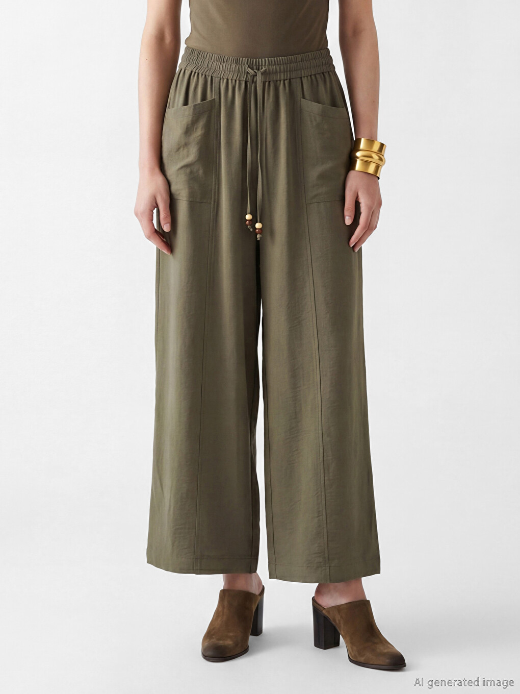 Pantaloni Largi cu Talie Elastică pentru Femei-1