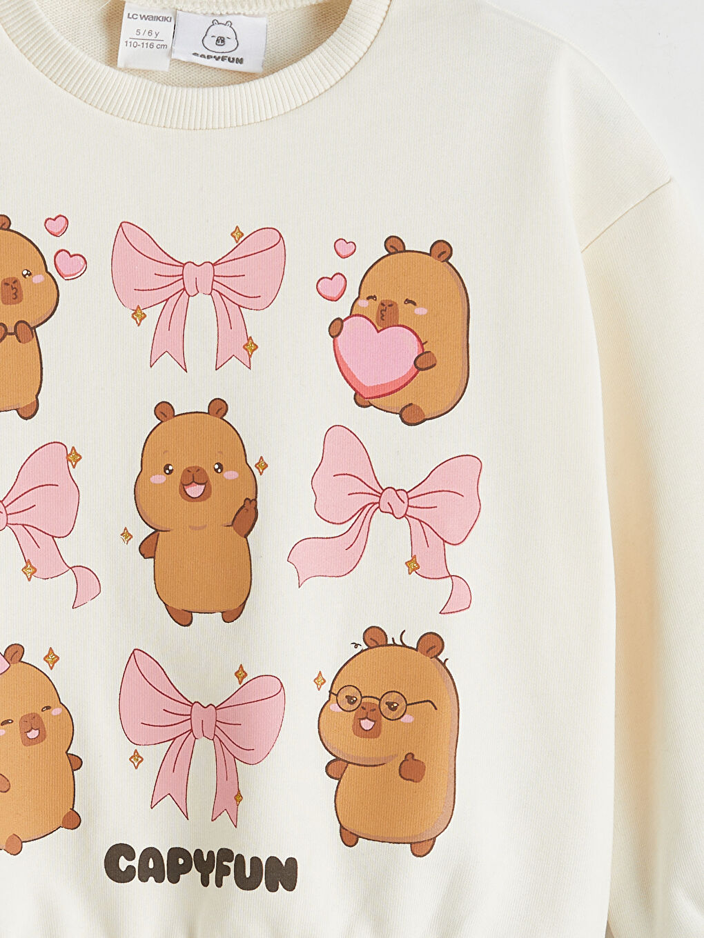 Ekru Bisiklet Yaka Capyfun Baskılı Kız Çocuk Sweatshirt-2