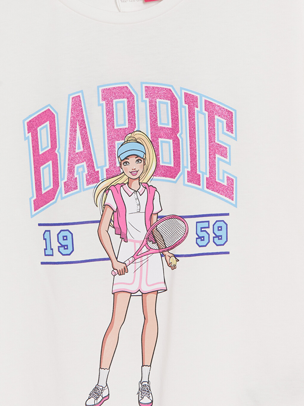 Beyaz Bisiklet Yaka Barbie Baskılı Kız Çocuk Tişört-3