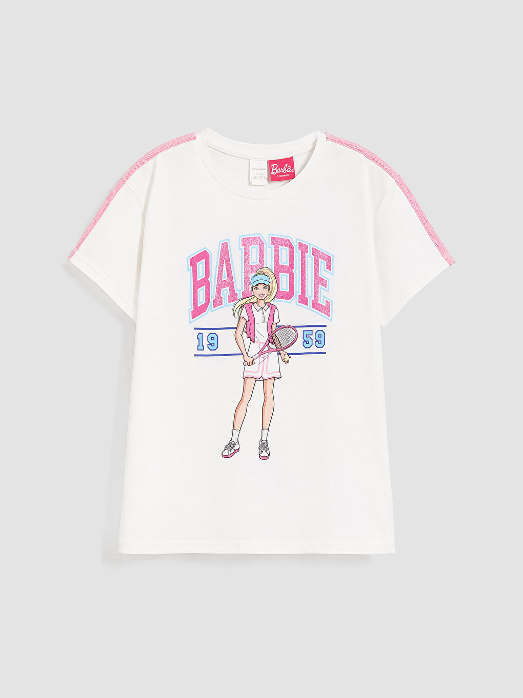 Beyaz Bisiklet Yaka Barbie Baskılı Kız Çocuk Tişört-1