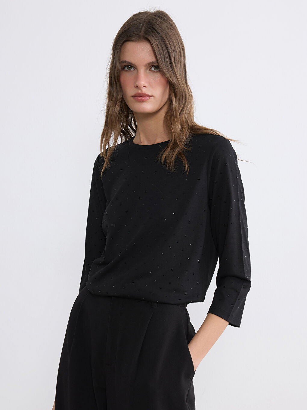 Siyah Bisiklet Yaka Taşlı Bluz