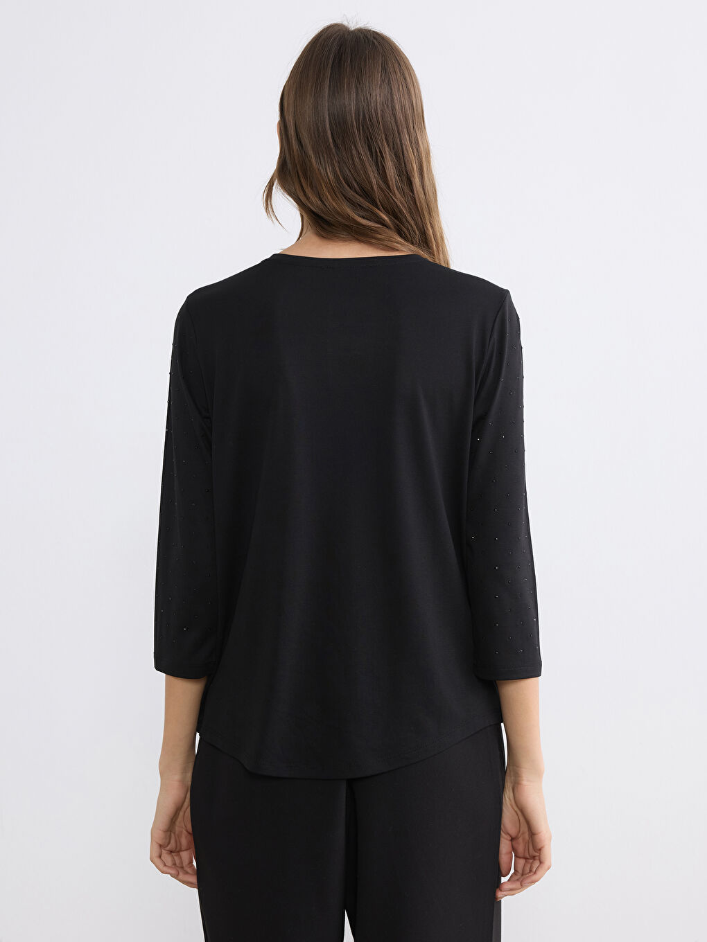 Siyah Bisiklet Yaka Taşlı Bluz-3