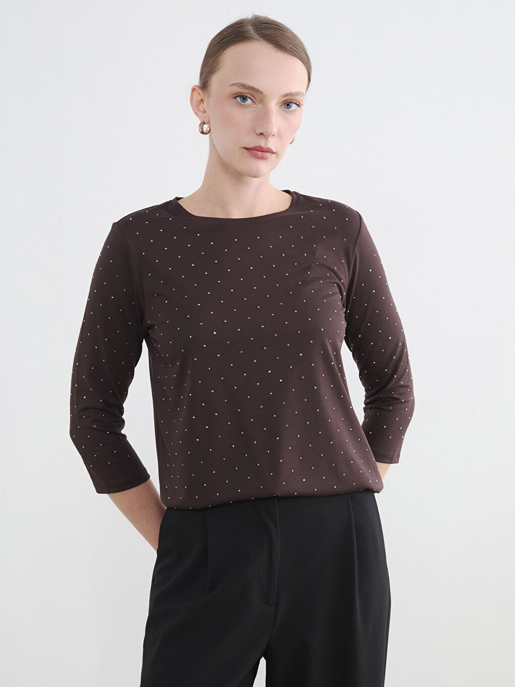 Kahverengi Bisiklet Yaka Taşlı Bluz